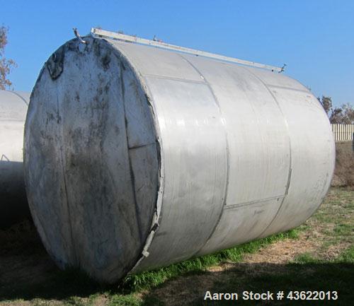 Used Saracco Tank & Mfg Approximately 5,200 Gallon Stainless Steel Storage Tank. Approximately 9' diameter x 11' straight side. Flat bottom and slight cone top. Various top openings including a 17" m...