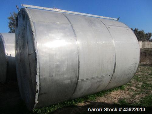 Used Saracco Tank & Mfg Approximately 5,200 Gallon Stainless Steel Storage Tank. Approximately 9' diameter x 11' straight side. Flat bottom and slight cone top. Various top openings including a 17" m...
