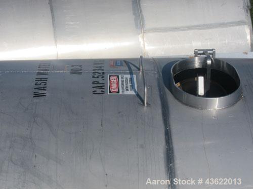 Used Saracco Tank & Mfg Approximately 5,200 Gallon Stainless Steel Storage Tank. Approximately 9' diameter x 11' straight side. Flat bottom and slight cone top. Various top openings including a 17" m...