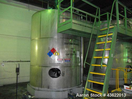 Used Saracco Tank & Mfg Approximately 5,200 Gallon Stainless Steel Storage Tank. Approximately 9' diameter x 11' straight side. Flat bottom and slight cone top. Various top openings including a 17" m...