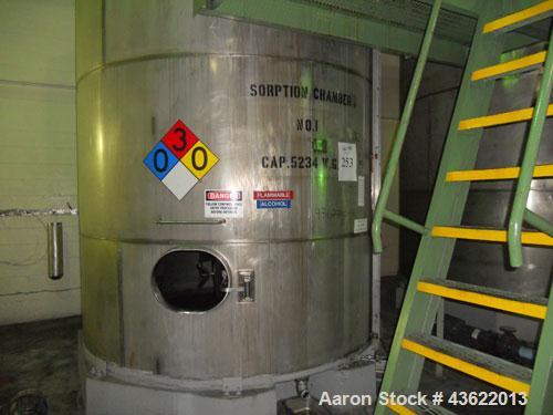 Used Saracco Tank & Mfg Approximately 5,200 Gallon Stainless Steel Storage Tank. Approximately 9' diameter x 11' straight side. Flat bottom and slight cone top. Various top openings including a 17" m...