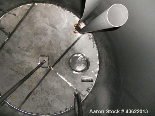 Used Saracco Tank & Mfg Approximately 5,200 Gallon Stainless Steel Storage Tank. Approximately 9' diameter x 11' straight side. Flat bottom and slight cone top. Various top openings including a 17" m...