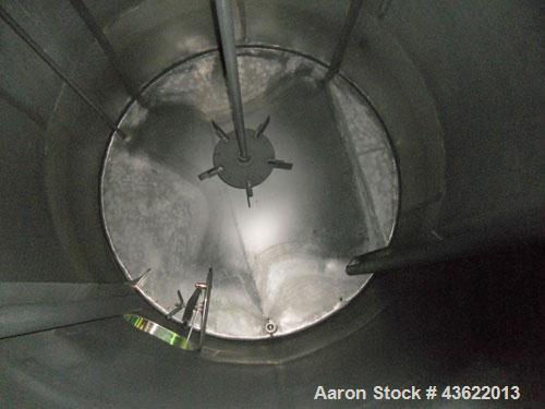 Used Saracco Tank & Mfg Approximately 5,200 Gallon Stainless Steel Storage Tank. Approximately 9' diameter x 11' straight side. Flat bottom and slight cone top. Various top openings including a 17" m...