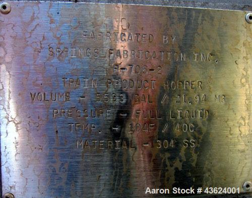 Used Springs Fabrication Product Hopper/Silo, 739.44 cubic feet (5533 gallon), 304 stainless steel, vertical. Approximately 78" diameter x 236" straight side. Flat welded top, 48" coned bottom, rated...