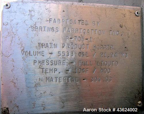 Used Springs Fabrication Product Hopper/Silo, 739.44 cubic feet (5533 gallon), 304 stainless steel, vertical. Approximately 78" diameter x 236" straight side. Flat welded top, 48" coned bottom, rated...
