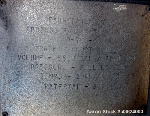 Used Springs Fabrication Product Hopper/Silo, 739.44 cubic feet (5533 gallon), 304 stainless steel, vertical. Approximately 78" diameter x 236" straight side. Flat welded top, 48" coned bottom, rated...