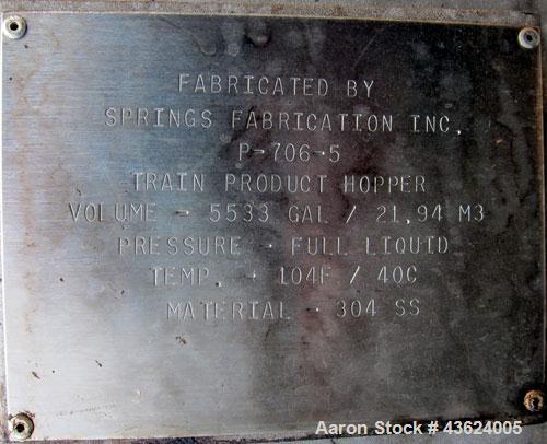 Used Springs Fabrication Product Hopper/Silo, 739.44 cubic feet (5533 gallon), 304 stainless steel, vertical. Approximately 78" diameter x 236" straight side. Flat welded top, 48" coned bottom, rated...