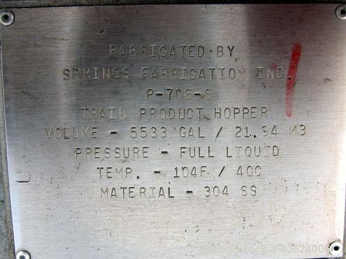 Used Springs Fabrication Product Hopper/Silo, 739.44 cubic feet (5533 gallon), 304 stainless steel, vertical. Approximately 78" diameter x 236" straight side. Flat welded top, 48" coned bottom, rated...