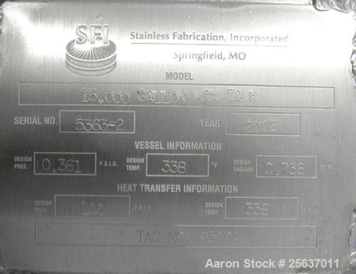 Used Stainless Fabrication Kettle, 15,000 gallon, 316L stainless steel. 158" diameter x 167" straight side, dished top and bottom. Dimple jacket on side wall only rated 100 psi at 338 deg.f.. Interna...