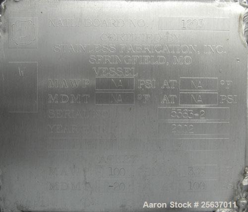 Used Stainless Fabrication Kettle, 15,000 gallon, 316L stainless steel. 158" diameter x 167" straight side, dished top and bottom. Dimple jacket on side wall only rated 100 psi at 338 deg.f.. Interna...