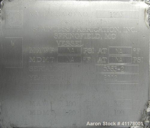 Used Stainless Fabrication Kettle, 15,000 Gallon, 316L Stainless Steel, Vertical. 158" diameter x 167" straight side, dished top and bottom. Dimple jacket on side wall only, rated 100 psi at 338 deg....