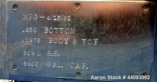 Used Stainless Metals Inc Tank, 8800 Gallon, 304L Stainless Steel, Vertical. Approximate 120" diameter x 180" straight side, dished top, flat bottom. Openings top (12) 3", 24" man way with cover, sid...