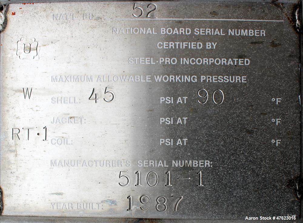 Used Steel-Pro Inc. Tank, Approximate 10,000 Gallon, 316 Stainless Steel, Verti