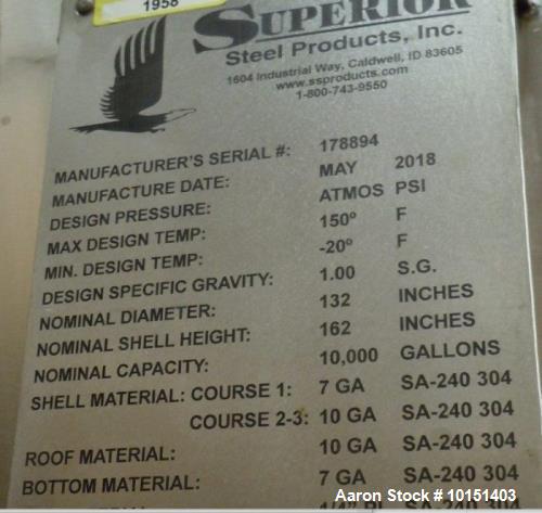 Used- Approximately 10,000 Gallon Stainless Steel Tank