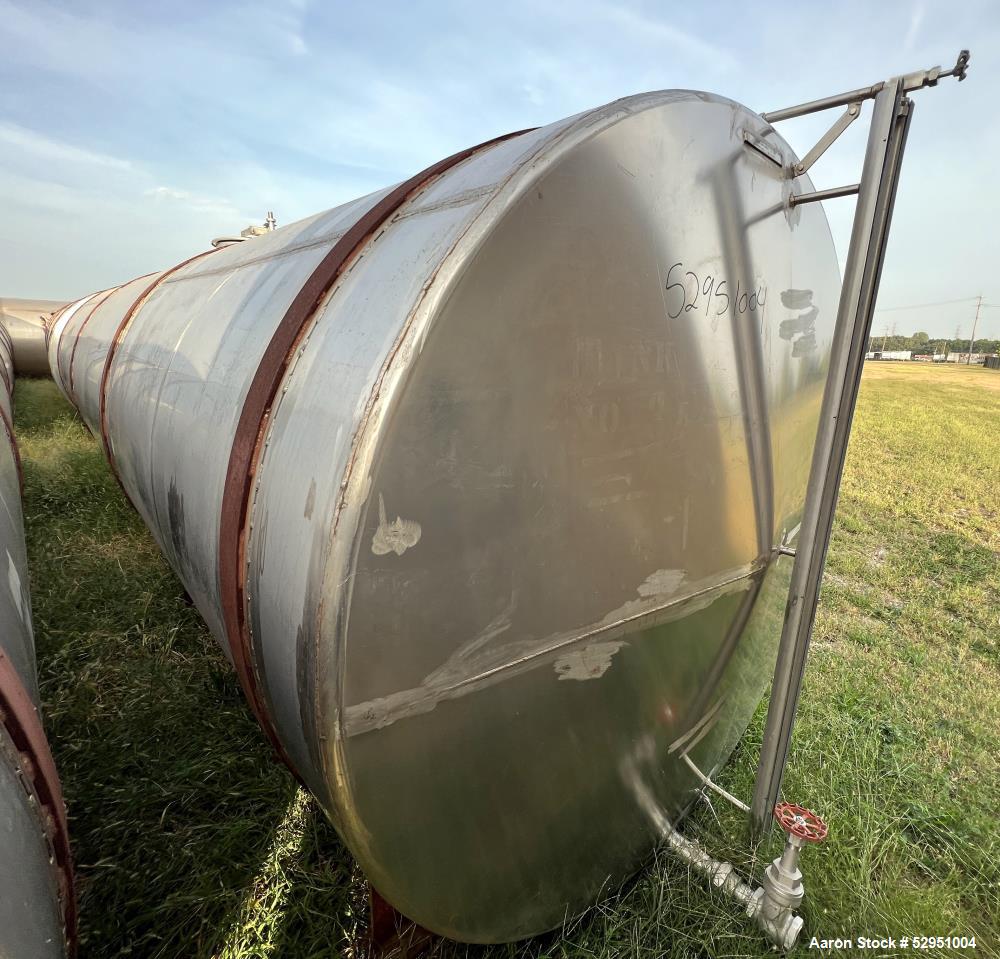 Used- Tolan Horizontal Tank, 5,800 Gallons, Stainless Steel. Approximate 78" diameter x 24' long, slight coned heads. Mounte...