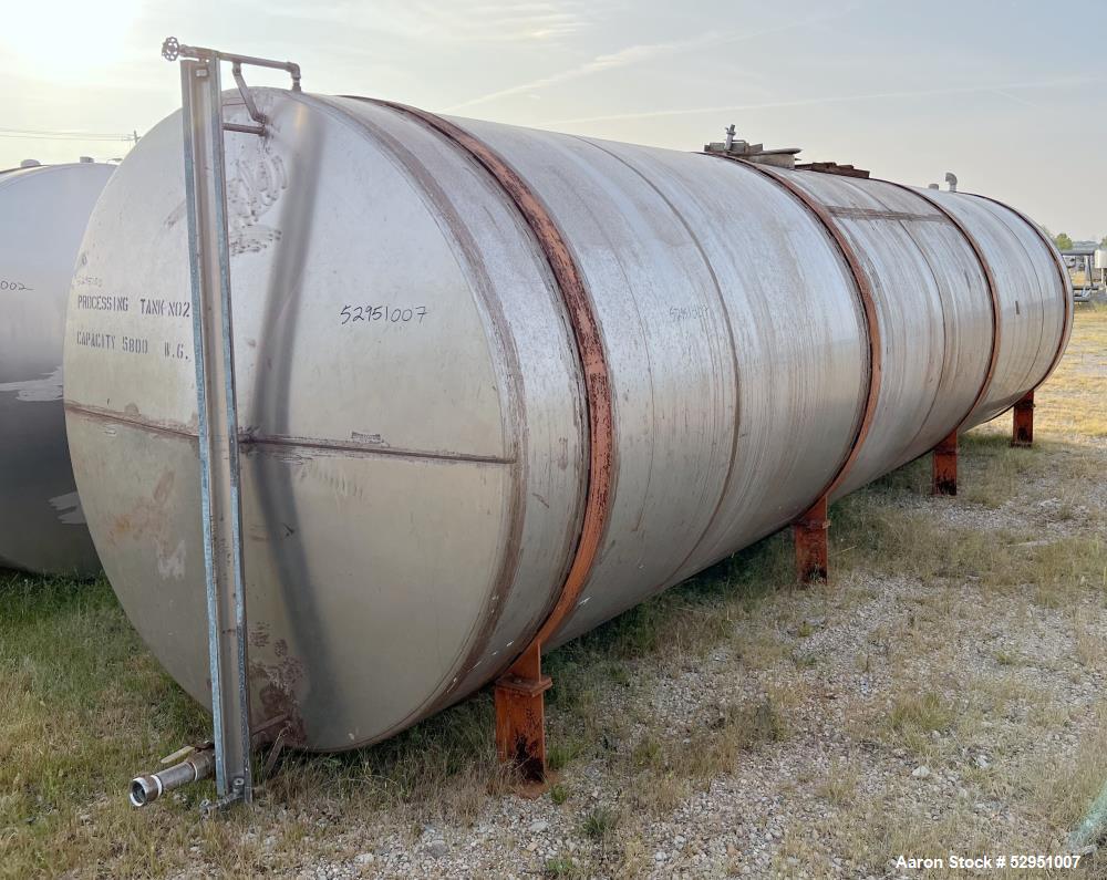 Used- Tolan Horizontal Tank, 5,800 Gallons, Stainless Steel. Approximate 78" diameter x 24' long, slight coned heads. Mounte...