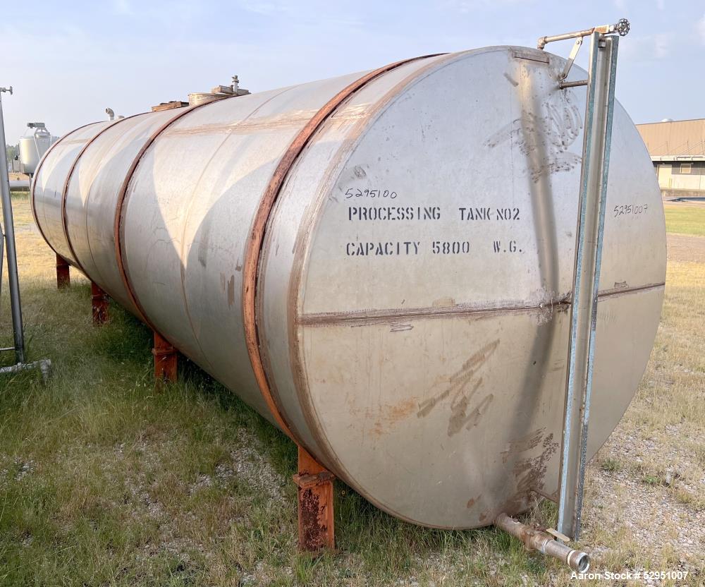 Used- Tolan Horizontal Tank, 5,800 Gallons, Stainless Steel. Approximate 78" diameter x 24' long, slight coned heads. Mounte...