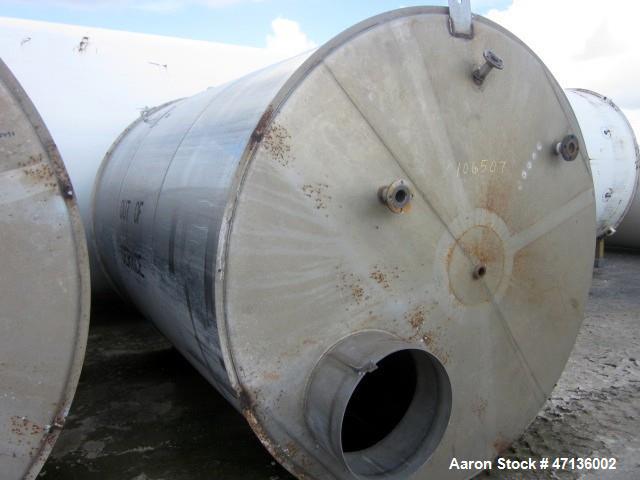Used Valley Foundry & Machine Works Tank, Approximate 5,000 Gallon, 304 Stainless Steel, Vertical. Approximately 102" diameter x 143" straight side, slight cone top, 4” sloped bottom. Top openings 24...