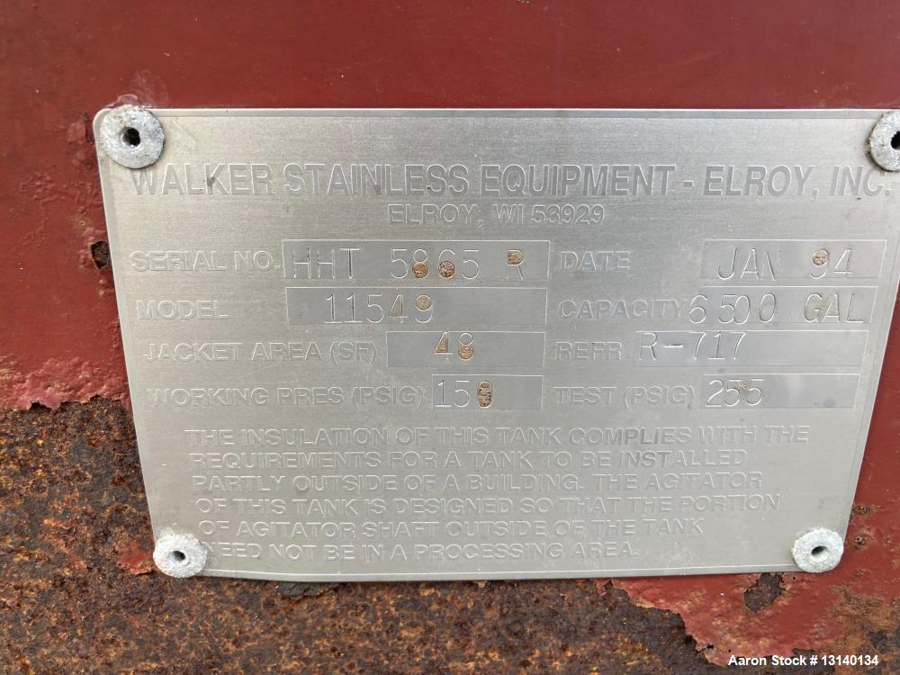 Used Walker Stainless Steel 6500 Gallon 304 Stainless Steel Horizontal Jacketed