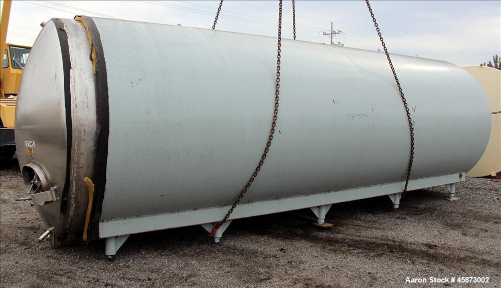 Used Walker Stainless Steel Equipment Co. Tank, Model 8480, 10,000 Gallon, 304 Stainless Steel, Horizontal. Approximately 100" diameter x 295" straight side. Dished Heads. (2) spray balls. 20" x 16" ...