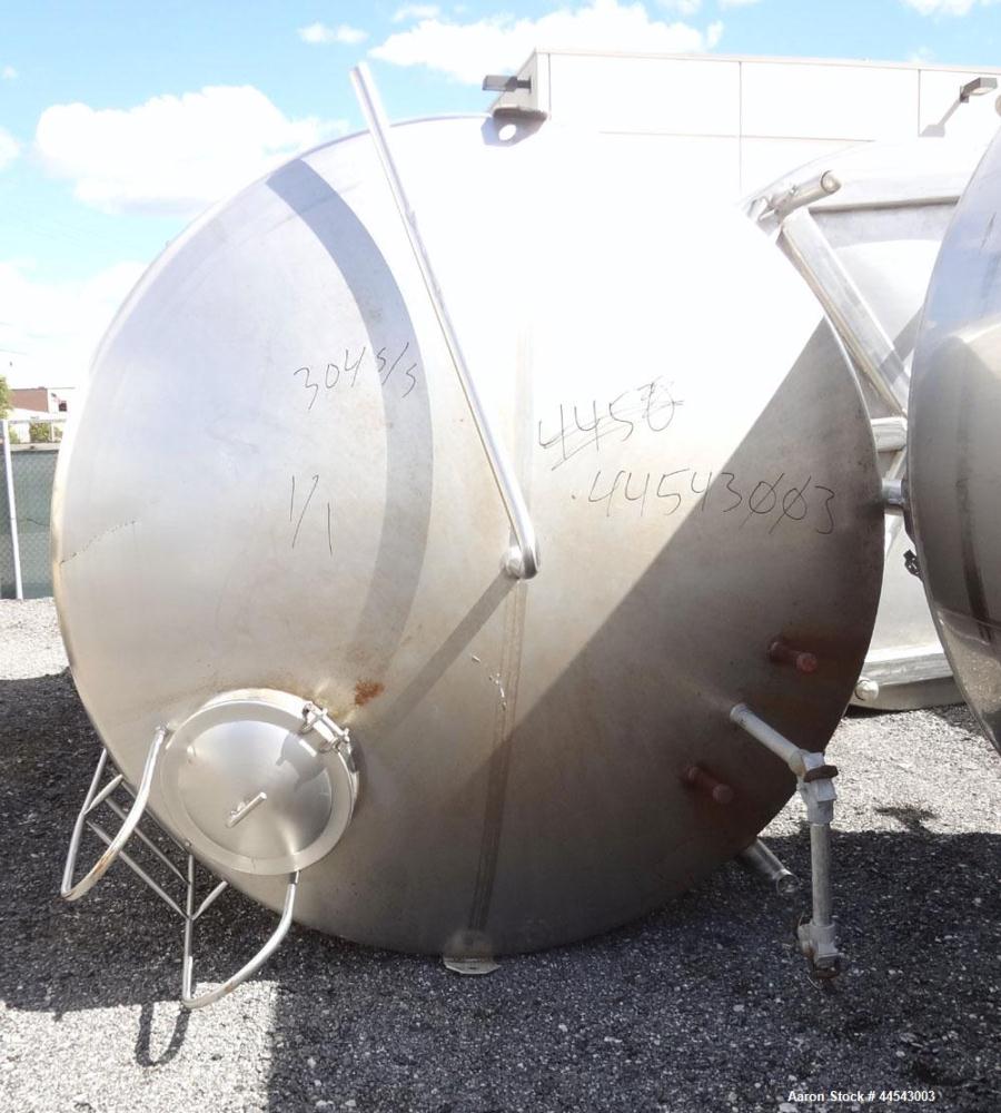 Used Walker Stainless Tank, 5000 Gallon, Model 9559, 304 Stainless Steel, Vertical. Approximately 96” diameter x 164” straight side, dished top, sloped bottom. Openings: top (2) 1-1/4” NPT, 2", 2" th...