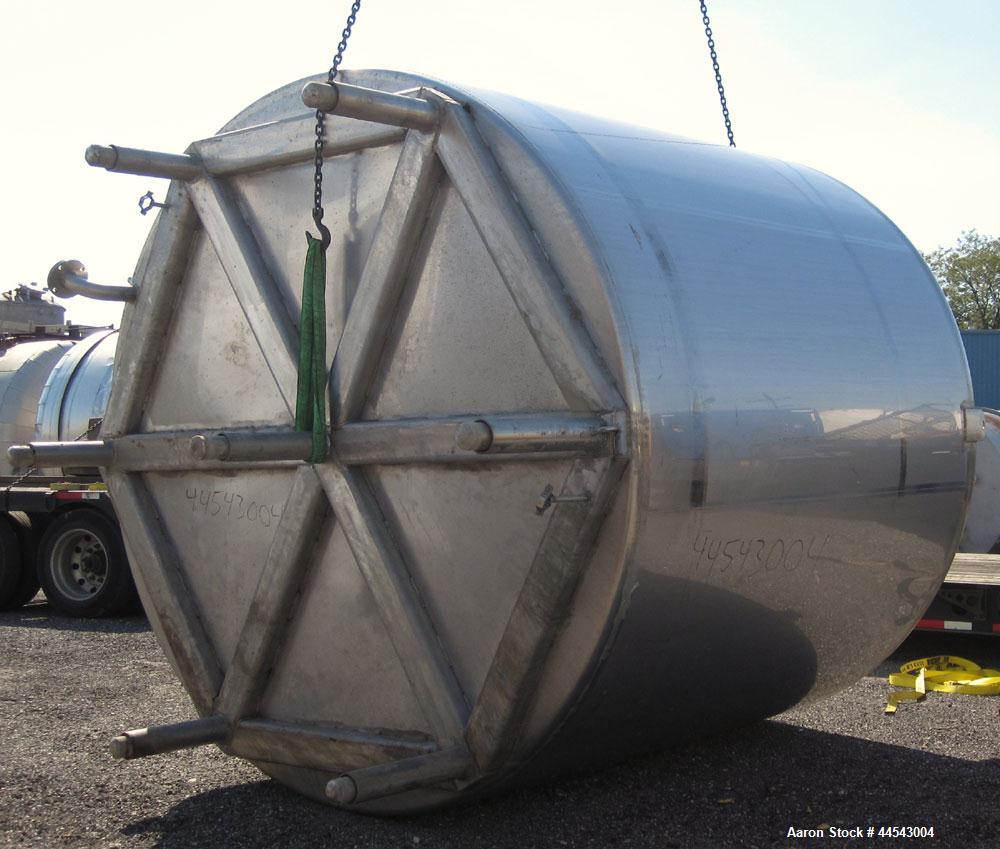 Used Walker Stainless Tank, 5000 Gallon, Model 9560, 304 Stainless Steel, Vertical. Approximate 120” diameter x 104” straight side, dished top, sloped bottom. Openings top (2) 3” NPT, 18” man way wit...