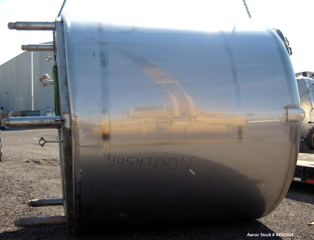Used Walker Stainless Tank, 5000 Gallon, Model 9560, 304 Stainless Steel, Vertical. Approximate 120” diameter x 104” straight side, dished top, sloped bottom. Openings top (2) 3” NPT, 18” man way wit...