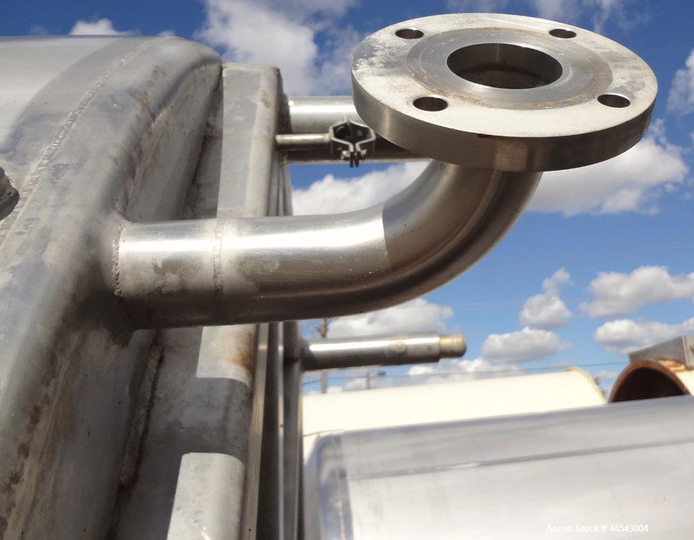 Used Walker Stainless Tank, 5000 Gallon, Model 9560, 304 Stainless Steel, Vertical. Approximate 120” diameter x 104” straight side, dished top, sloped bottom. Openings top (2) 3” NPT, 18” man way wit...