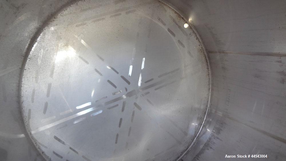 Used Walker Stainless Tank, 5000 Gallon, Model 9560, 304 Stainless Steel, Vertical. Approximate 120” diameter x 104” straight side, dished top, sloped bottom. Openings top (2) 3” NPT, 18” man way wit...