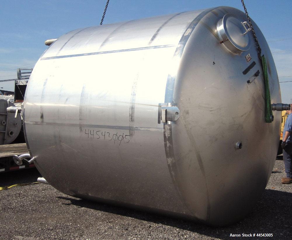 Used Walker Stainless Tank, 5000 Gallon, Model 9561, 304 Stainless Steel, Vertical. Approximate 120” diameter x 104” straight side, dished top, sloped bottom. Openings top (2) 3” NPT, 18” man way wit...