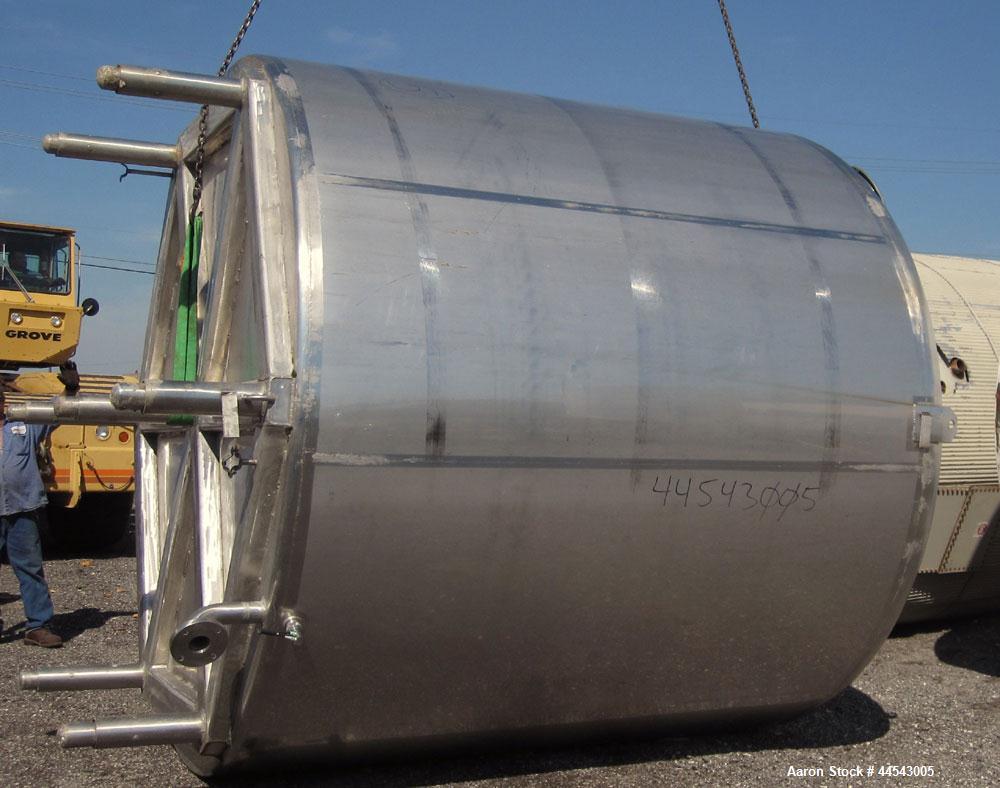 Used Walker Stainless Tank, 5000 Gallon, Model 9561, 304 Stainless Steel, Vertical. Approximate 120” diameter x 104” straight side, dished top, sloped bottom. Openings top (2) 3” NPT, 18” man way wit...