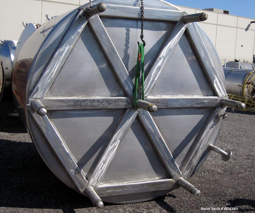 Used Walker Stainless Tank, 5000 Gallon, Model 9561, 304 Stainless Steel, Vertical. Approximate 120” diameter x 104” straight side, dished top, sloped bottom. Openings top (2) 3” NPT, 18” man way wit...