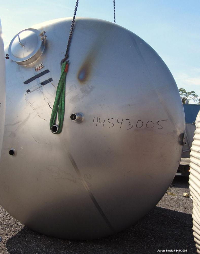 Used Walker Stainless Tank, 5000 Gallon, Model 9561, 304 Stainless Steel, Vertical. Approximate 120” diameter x 104” straight side, dished top, sloped bottom. Openings top (2) 3” NPT, 18” man way wit...