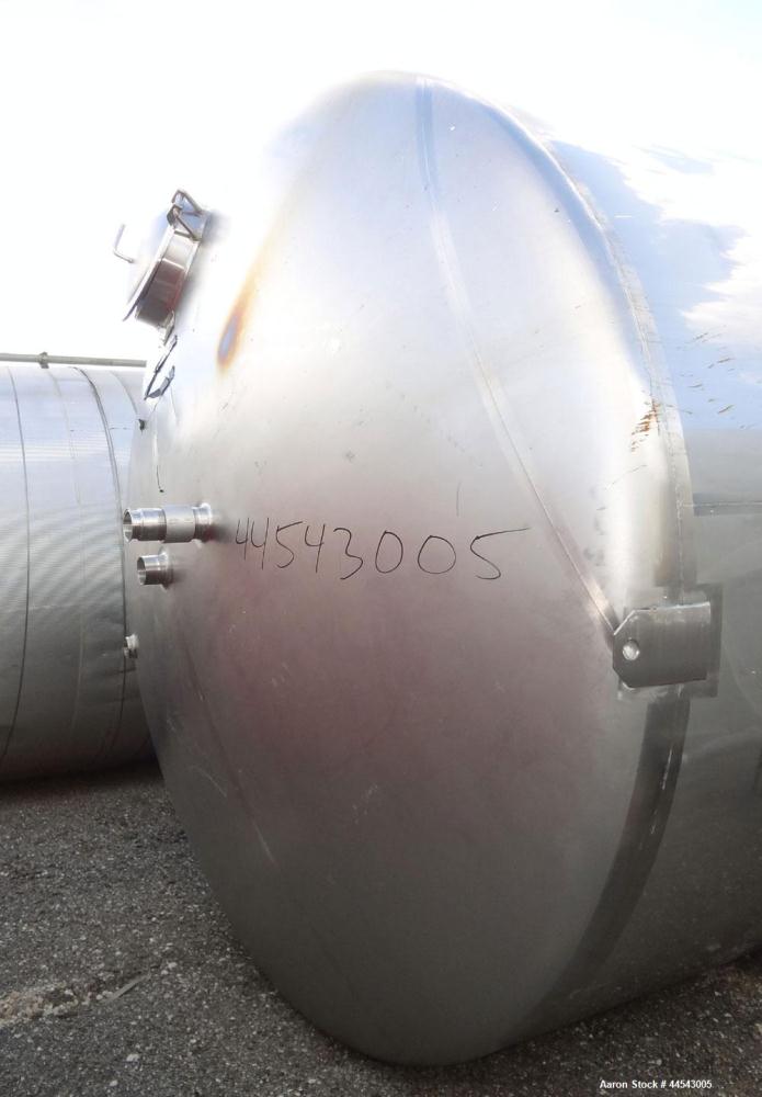 Used Walker Stainless Tank, 5000 Gallon, Model 9561, 304 Stainless Steel, Vertical. Approximate 120” diameter x 104” straight side, dished top, sloped bottom. Openings top (2) 3” NPT, 18” man way wit...