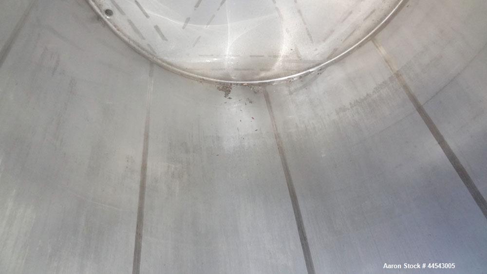 Used Walker Stainless Tank, 5000 Gallon, Model 9561, 304 Stainless Steel, Vertical. Approximate 120” diameter x 104” straight side, dished top, sloped bottom. Openings top (2) 3” NPT, 18” man way wit...