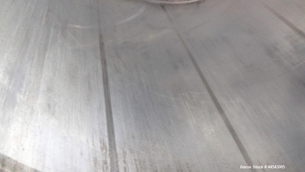 Used Walker Stainless Tank, 5000 Gallon, Model 9561, 304 Stainless Steel, Vertical. Approximate 120” diameter x 104” straight side, dished top, sloped bottom. Openings top (2) 3” NPT, 18” man way wit...
