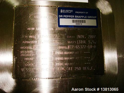 Used Walker 7,000 Gallon, Type 316L Stainless Steel Vertical Mixing Tank, Model CB. Built in 2007. 11'3" diameter x 10' straight side, 16' overall height. 3 hp side agitator. Has sight glass and bott...