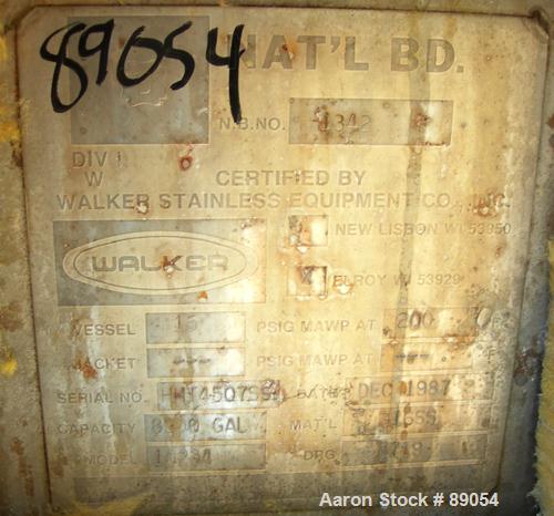 USED: Walker Stainless tank, 8,500 gallon, 316 stainless steel, horizontal. Approximately 9' diameter x 16'9" straight side, dished ends. Internal rated 15 psi at 200 deg F. Openings: top 1", (3) 2",...