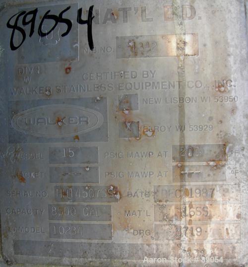 USED: Walker Stainless tank, 8,500 gallon, 316 stainless steel, horizontal. Approximately 9' diameter x 16'9" straight side, dished ends. Internal rated 15 psi at 200 deg F. Openings: top 1", (3) 2",...