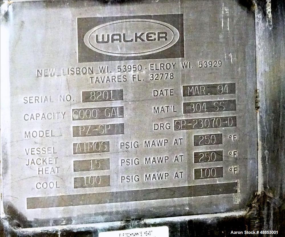 Used Walker Jacketed Tank. 6000 Gallon, Vertical 304 Stainless Steel.