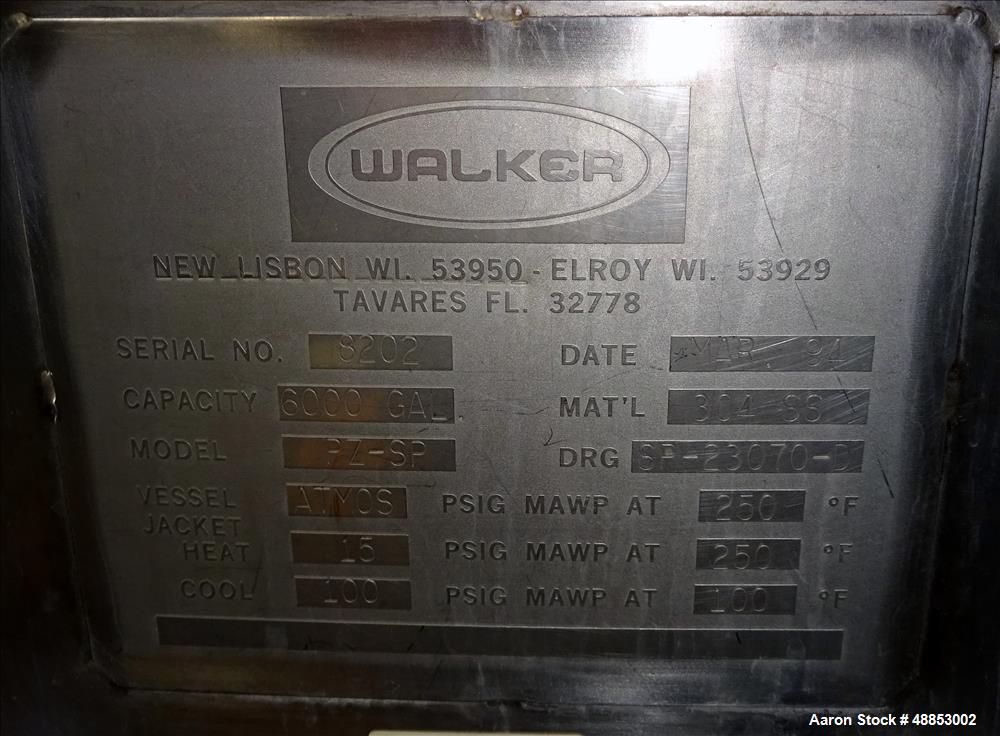 Used Walker Jacketed Tank. 6000 Gallon, Vertical 304 Stainless Steel.
