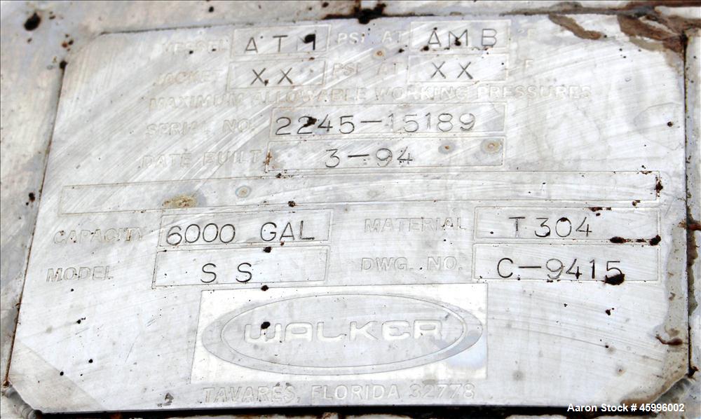 Used Walker Stainless Tank, Model SS, 6,000 Gallon, 304 Stainless Steel, Vertical. 102" Diameter x 168" straight side. Dished top and bottom heads. Internal rated atmospheric psi at ambient degrees F...