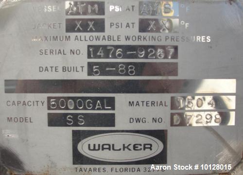 Used Walker 5000 Gallon 304 Stainless Steel Vertical Tank. This tank has a dome top and a dish bottom. The tank diameter is 102", the overall height is 210", the dome top is 18", the dish bottom is 1...