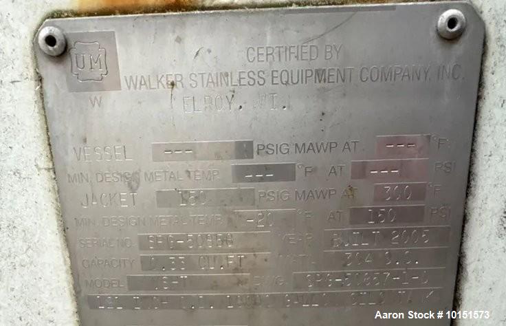 Used Walker 10,000-Gallon Jacketed Stainless Steel Mix Tank | 304 SS | 150 PSI @ 300°F | Side-Bottom Mixer & Manway | Skirt Mount | Built 2005