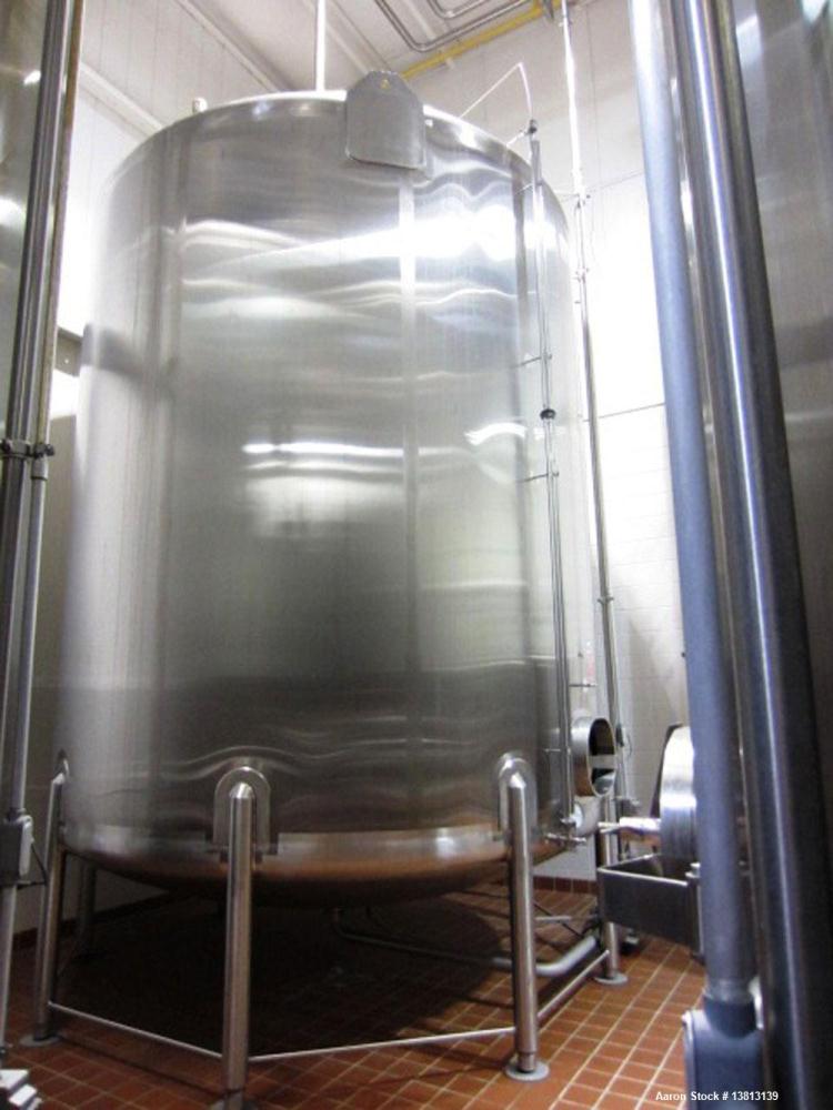 Used Walker Stainless 10,000 Gallon top agitated stainless steel single wall mixing tank.  Bottom side manway, dish top and bottom, (2) sets of mixing blades, dual CIP spray ball, thermometer, 3" tri...