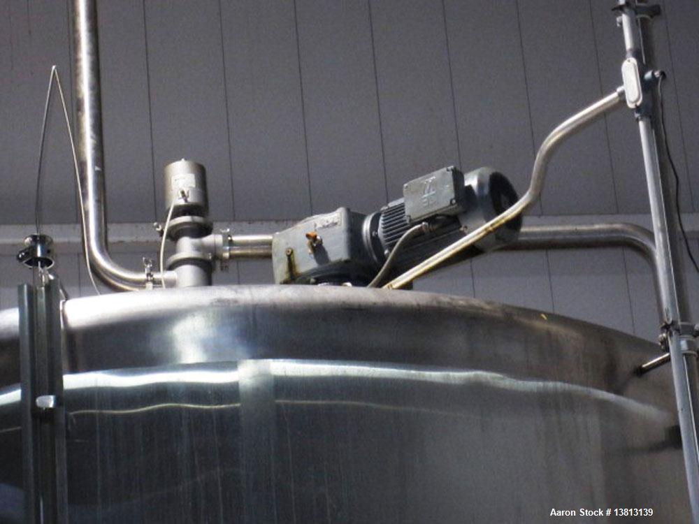 Used Walker Stainless 10,000 Gallon top agitated stainless steel single wall mixing tank.  Bottom side manway, dish top and bottom, (2) sets of mixing blades, dual CIP spray ball, thermometer, 3" tri...