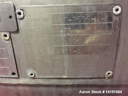 Used 10,000 Gallon Walker Stainless Steel Jacketed Mix Tank. T316 SS inner shell. T304 SS Jacket. Model 8316-4. Dimensions 136" ID x 153" straight side. 242" OAH. Jacket rated 150psi at 300F. Insulat...