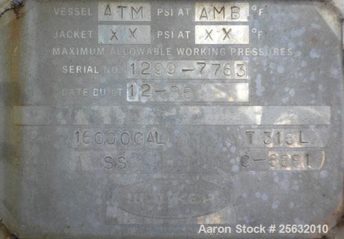 Used Walker Storage Tank, 16,000 Gallon, 316L stainless steel, vertical. Approximate 12' diameter x 18' straight side, dish top and bottom. Misc top and side flanged openings. Side openings include a...