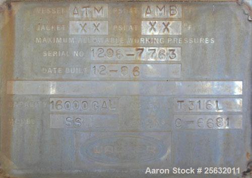 Used Walker Storage Tank, 16,000 Gallon, 316L stainless steel, vertical. Approximate 12' diameter x 18' straight side, dish top and bottom. Misc top and side flanged openings. Side openings include a...