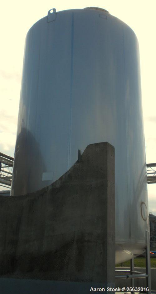 Used Walker Storage Tank, 10,000 Gallon, 316L Stainless Steel, Vertical. Approximate 9'6" diameter x 16' straight side, dish top and bottom. Misc top and side flanged openings. Side openings include ...